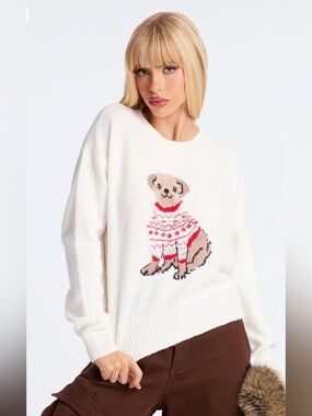 Fashion Nova Cozy White Dog Holiday Sweater - Size Large NWT🐶